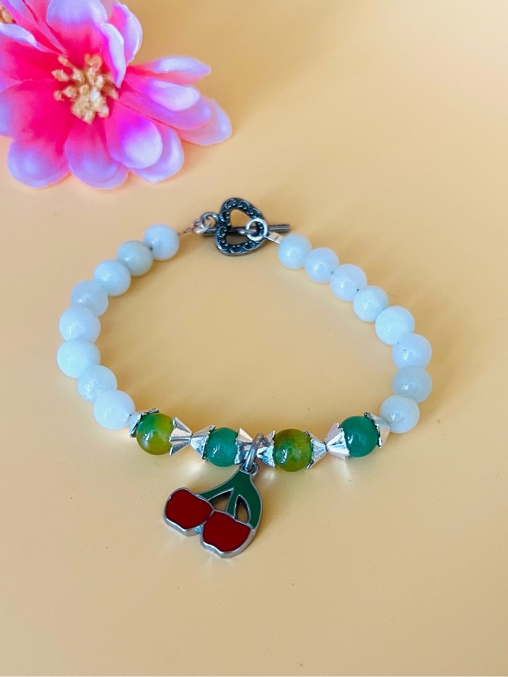 Cherry Charm green jadeite Beaded Bracelet